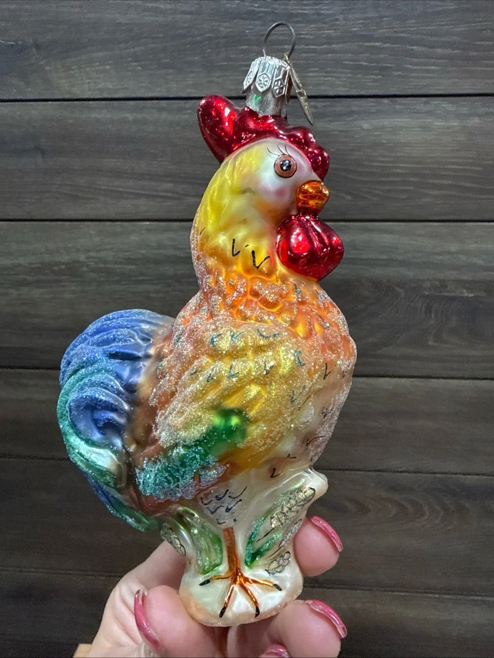 Christopher Radko Farm Alarm Multicolor Rooster Glass Ornament. Retired